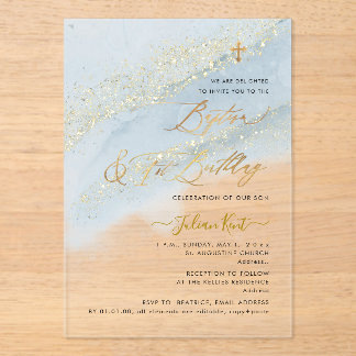 PixDezines Dusty Blue Gold Baptism+1st Birthday Acrylic Invitations