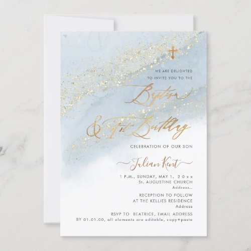 PixDezines Dusty Blue Gold Baptism1st Birthday Invitation