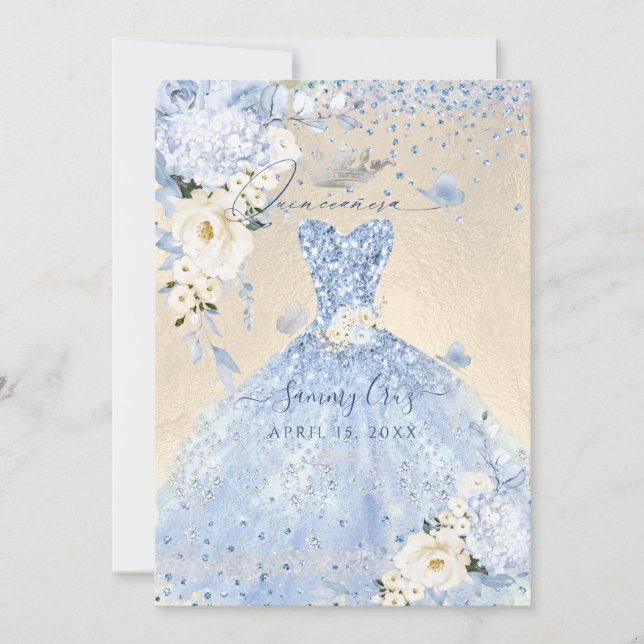 PixDezines Dusty Blue Hyde Quinceanera Dress Invitation (Front)