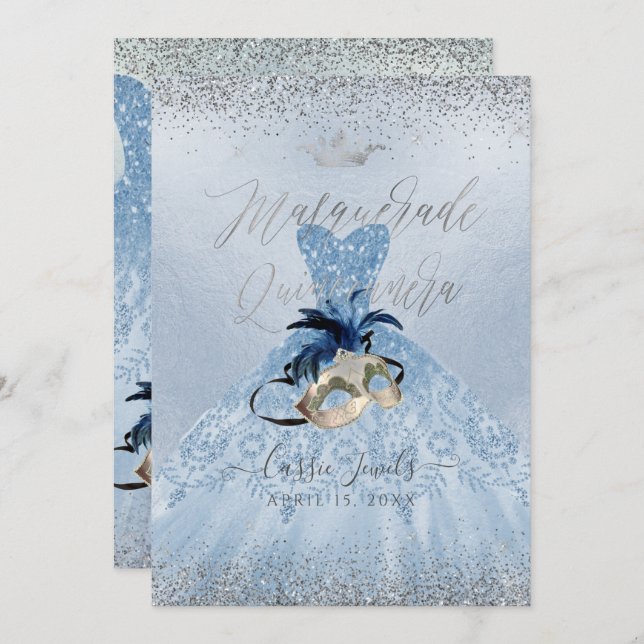 PixDezines Dusty Blue Masquerade Quinceanera Gown Invitation (Front/Back)