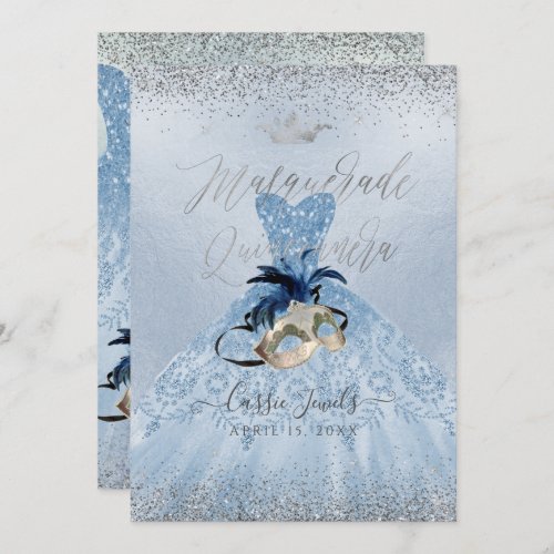 PixDezines Dusty Blue Masquerade Quinceanera Gown Invitation