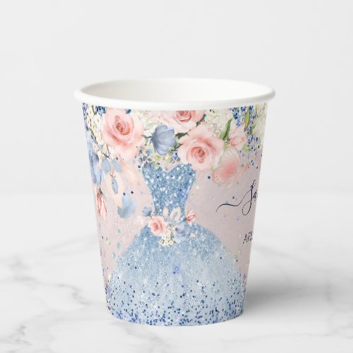 PixDezines Dusty Blue Quinceanera Dress Blush Rose Paper Cups