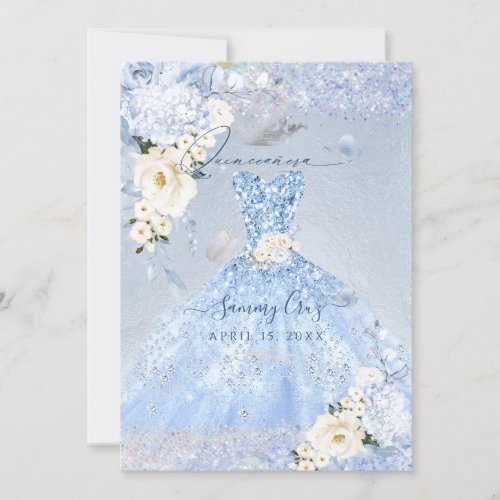 PixDezines Dusty Blue Roses Quinceanera Dress Invitation