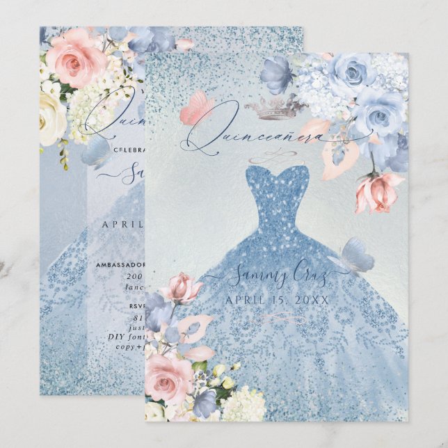 PixDezines Dusty Blue Roses Quinceanera Invitation (Front/Back)