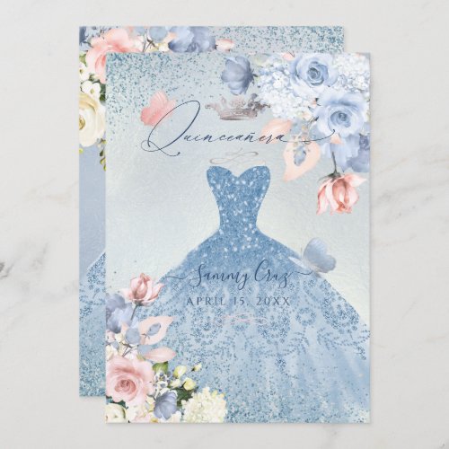 PixDezines Dusty Blue Roses Quinceanera Invitation