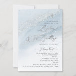 PixDezines Dusty Blue Silver Baptism+1st Birthday Invitation