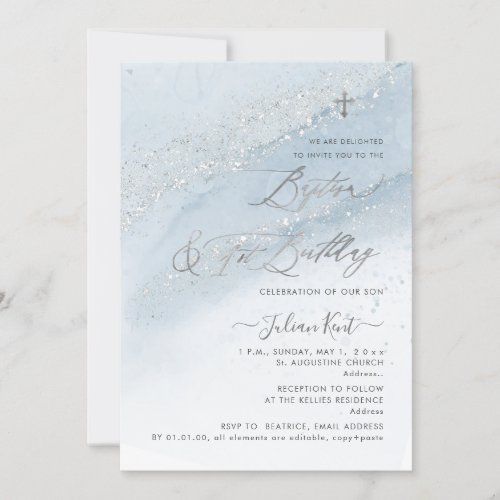 PixDezines Dusty Blue Silver Baptism1st Birthday Invitation