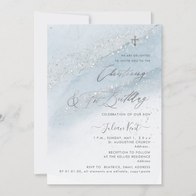 PixDezines Dusty Blue Silver Christening 1st BD Invitation (Front)