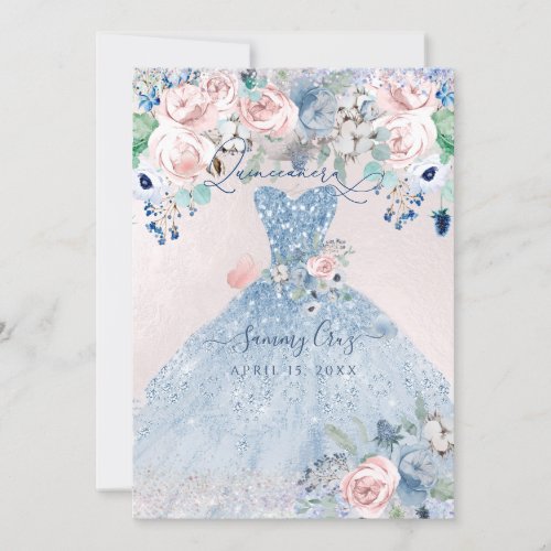 PixDezines Dusty Pink Blue Peonies Quinceanera Invitation