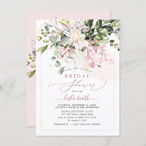 PixDezines Dusty Pink Gum Eucalyptus Bridal Shower Invitation