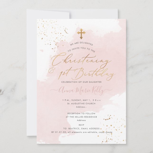 PixDezines Dusty Pink H2 Christening+1st Birthday Invitation (Front)