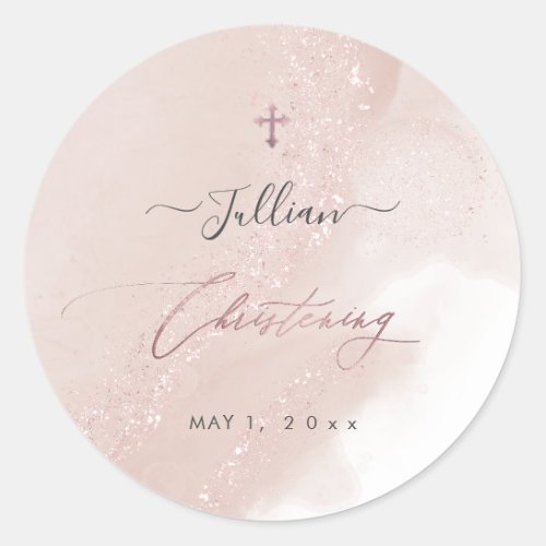 PixDezines Dusty Pink Rose Gold Christening Classic Round Sticker