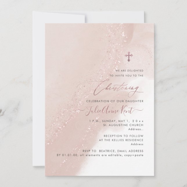 PixDezines Dusty Pink Rose Gold Christening Invitation (Front)