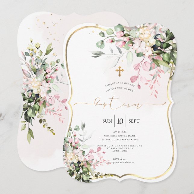 PixDezines Dusty Pink, Rustic Watercolor Baptism Invitation (Front/Back)