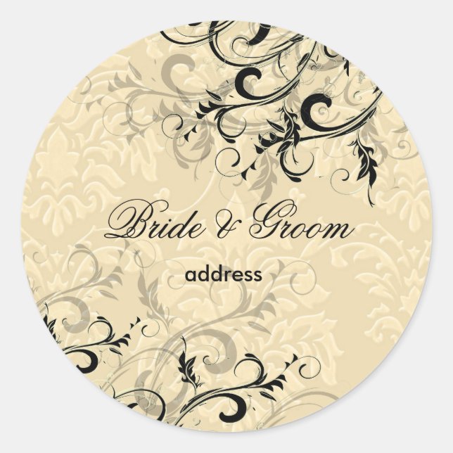 PixDezines EBONY SWIRLS/IVORY BAROQUE DAMASK Classic Round Sticker (Front)