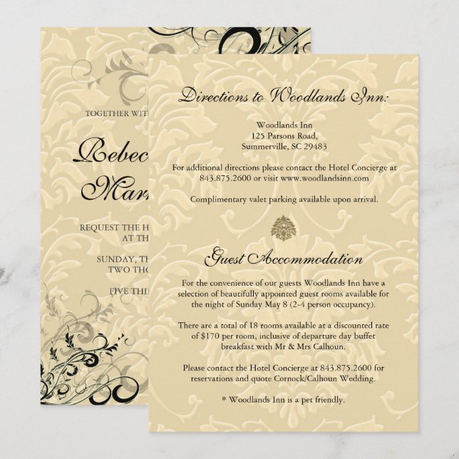 PixDezines EBONY SWIRLS/IVORY BAROQUE DAMASK Invitation (Front/Back)