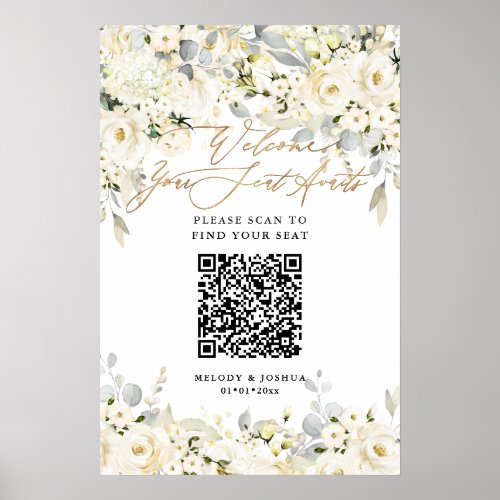 PixDezines Elegant Alabaster Ash Floral QR Seating Poster