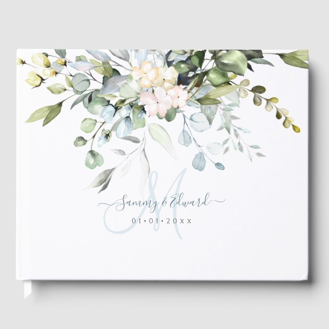PixDezines Elegant Blue Gum Eucalyptus Monogram Guest Book (Front)
