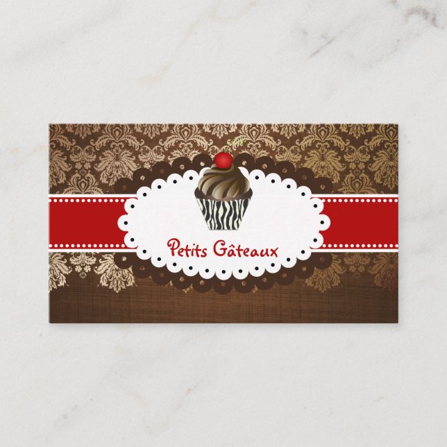 PixDezines elegant chocolate swirls cupcake Business Card (Front)