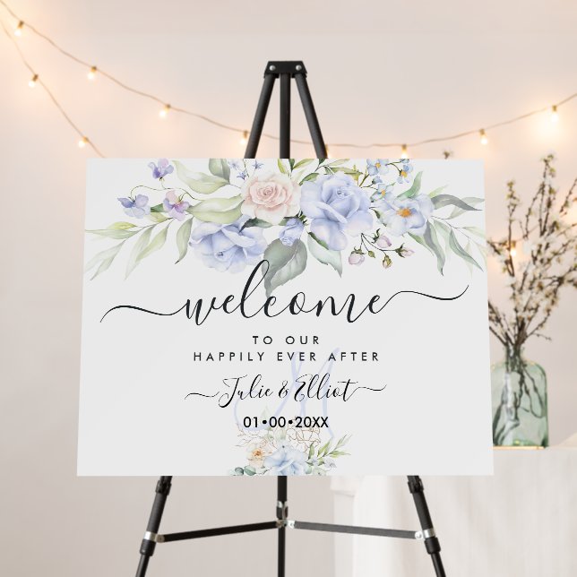 PixDezines Elegant Dusty Blue Cream Roses Welcome  Foam Board (In Situ (Stand))