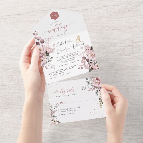 PixDezines Elegant Dusty RoseGum Eucalyptus All In One Invitation