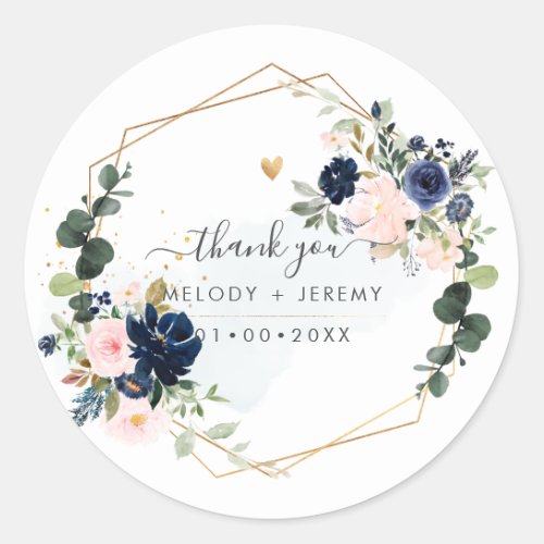 PixDezines Elegant H2 Blush Navy Flowers Thank You Classic Round Sticker