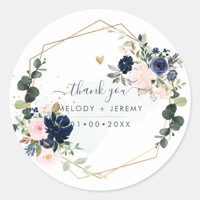 PixDezines Elegant H2 Blush Navy Flowers Thank You Classic Round Sticker (Front)