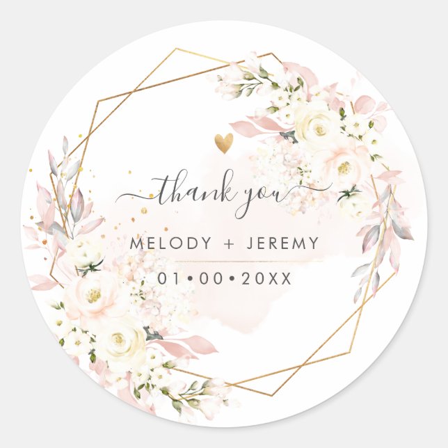 PixDezines Elegant H2 Blush Roses Thank You Classic Round Sticker (Front)