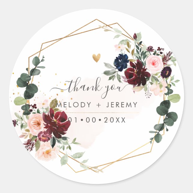 PixDezines Elegant H2 Burgundy Blush Navy Flowers  Classic Round Sticker (Front)
