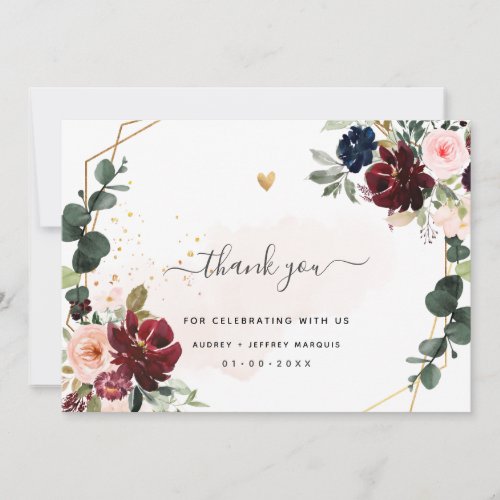 PixDezines Elegant H2 Burgundy Blush Navy Flowers Thank You Card