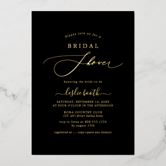 PixDezines Elegant Luxe Calligraphy Bridal Shower Foil Invitation (Front)