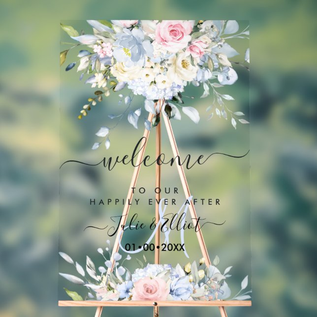 PixDezines Elegant Pink Blue Flowers Acrylic Sign (Neutral)