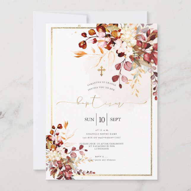 PixDezines Fall Foliage Rustic Watercolor Baptism Invitation (Front)