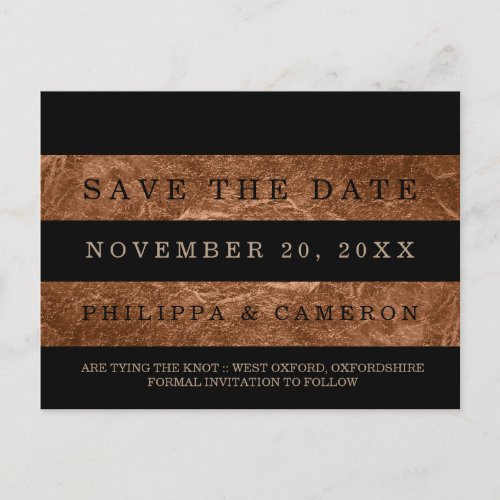 PixDezines faux copper foil stripessave the date Announcement Postcard