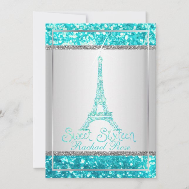 PixDezines faux glitter eifflel/aqua blue/sweet 16 Invitation (Front)