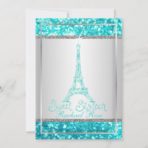 PixDezines faux glitter eifflel/aqua blue/sweet 16 Invitation