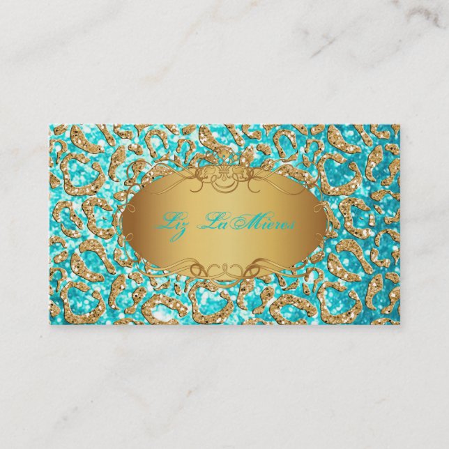 PixDezines faux glitter jaguar/teal+gold Business Card (Front)