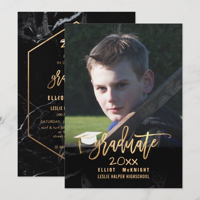 PixDezines Faux Gold /Black Marble Graduation Invitation (Front/Back)