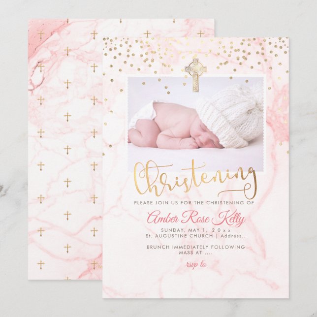PixDezines Faux Gold Confetti+Marble Christening Invitation (Front/Back)