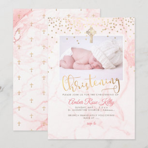 PixDezines Faux Gold Confetti+Marble Christening Invitation