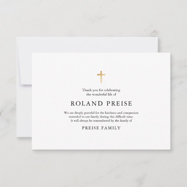 PixDezines Faux Gold Cross Bereavement Thank You Card (Front)
