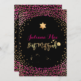 PixDezines Faux Gold+Hot Pink Confetti Bat Mitzvah Invitation