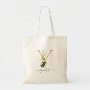 PixDezines Faux Gold Monogram Tropical Foliage Tote Bag