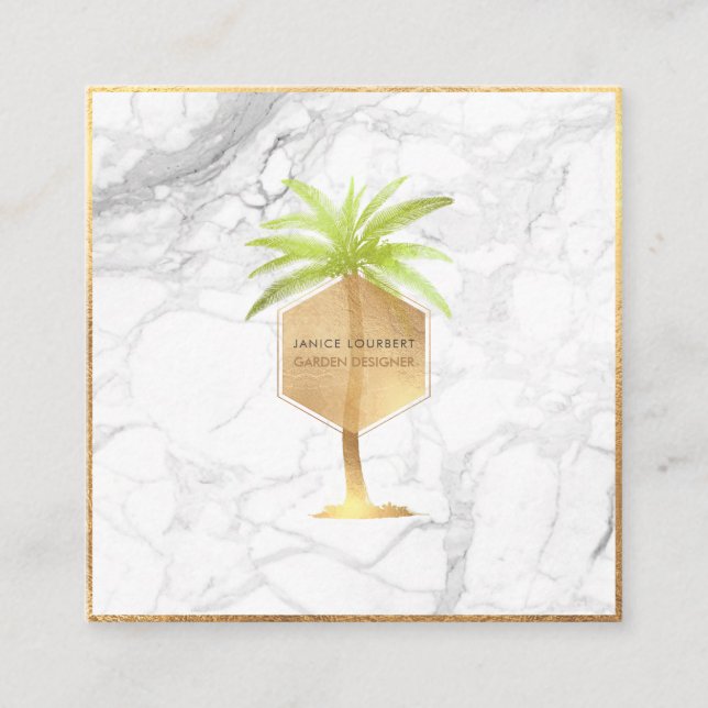 PixDezines FAUX GOLD PALM TREE+MARBLE Square Business Card (Front)