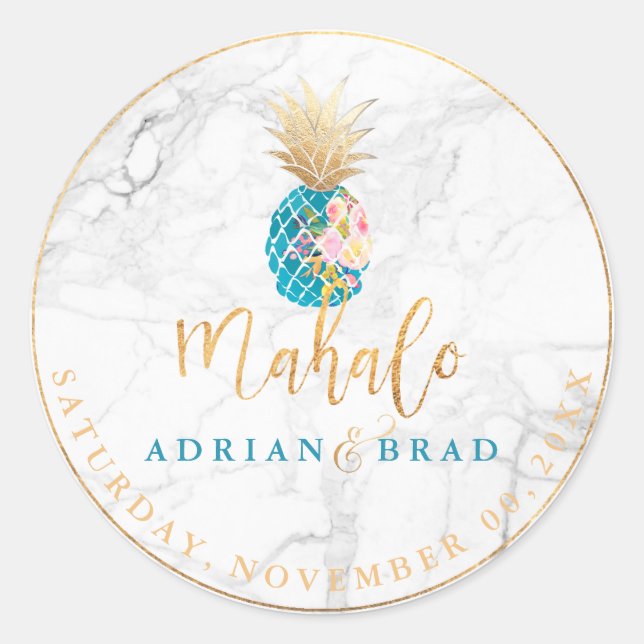 PixDezines Faux Gold Pineapple/Aqua/Marble Classic Round Sticker (Front)