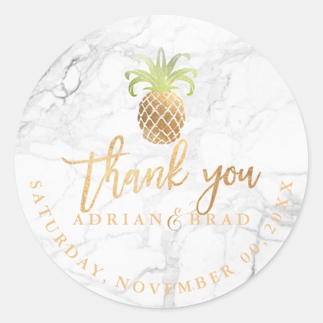 PixDezines Faux Gold Pineapple/Marble Classic Round Sticker (Front)