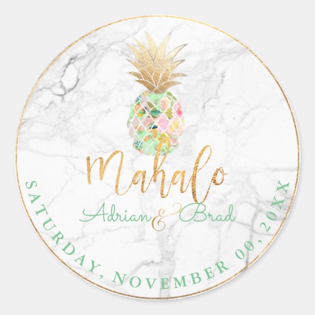 PixDezines Faux Gold Pineapple/Mint/Marble Classic Round Sticker (Front)