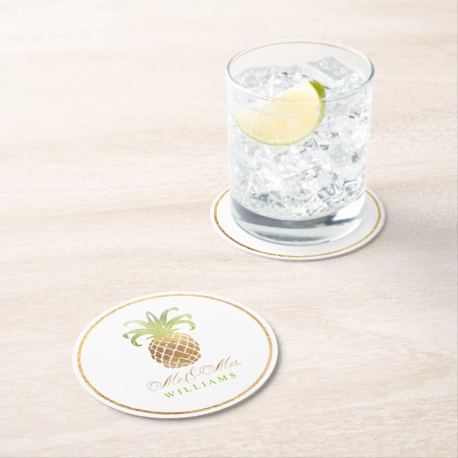 PixDezines Faux Gold/Pineapples Round Paper Coaster (Insitu)