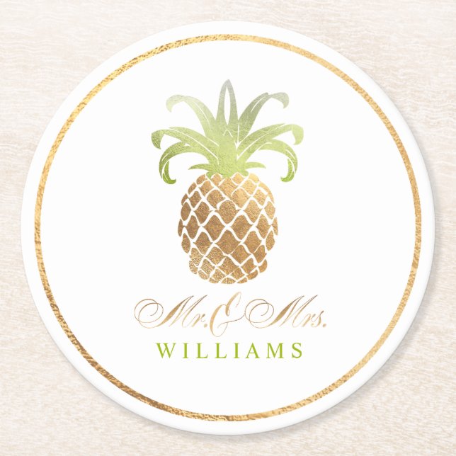 PixDezines Faux Gold/Pineapples Round Paper Coaster (Front)