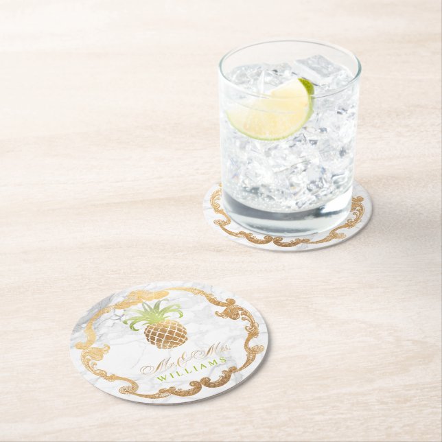 PixDezines Faux Gold Pineapples+White Marble Round Paper Coaster (Insitu)